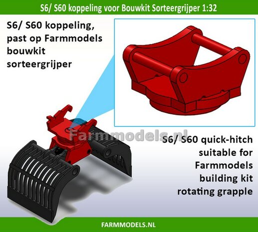 BOUWKIT: HULPSTUK/ Koppelstuk S6/ S60 Koppeling naar Farmmodels BOUWKIT Sorteergrijper 1:32             