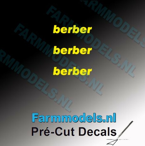 3x berber logo GEEL op transparant 2.5 mm hoog Pr&eacute;-Cut Decals 1:32 Farmmodels.nl 