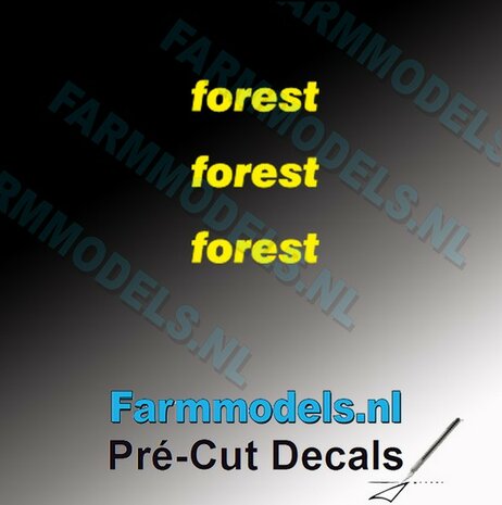 3x forest logo GEEL op transparant 2.5 mm hoog Pr&eacute;-Cut Decals 1:32 Farmmodels.nl 