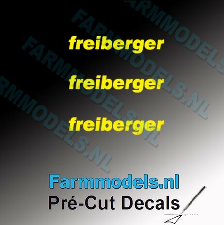 3x freiberger logo GEEL op transparant 2.5 mm hoog Pr&eacute;-Cut Decals 1:32 Farmmodels.nl 