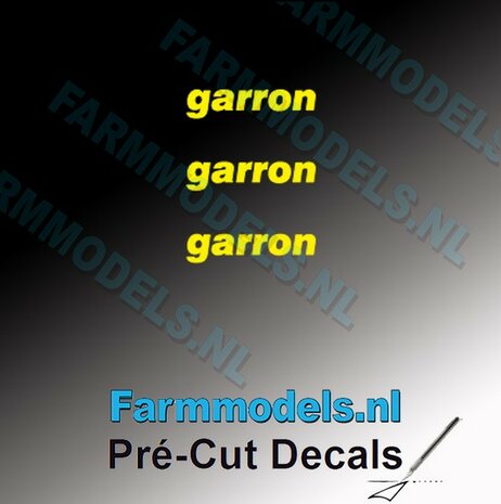 3x garron logo GEEL op transparant 2.5 mm hoog Pr&eacute;-Cut Decals 1:32 Farmmodels.nl 