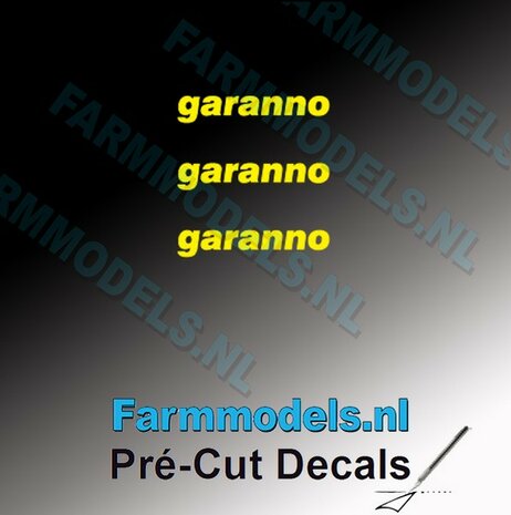 3x garanno logo GEEL op transparant 2.5 mm hoog Pr&eacute;-Cut Decals 1:32 Farmmodels.nl 