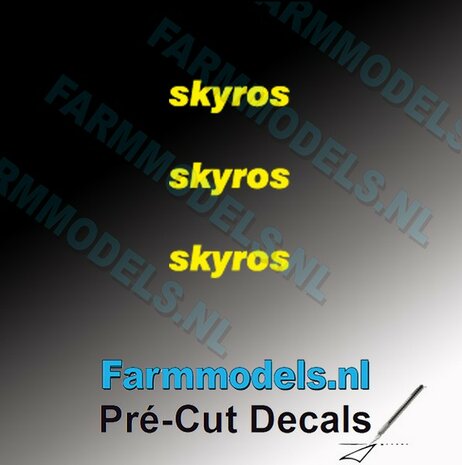 3x skyros logo GEEL op transparant 2.5 mm hoog Pr&eacute;-Cut Decals 1:32 Farmmodels.nl 
