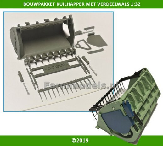 Kuilhapper bak/ Crocodil bak / Voerbak Universeel BOUWKIT met doseerwals t.b.v. Voorlader Trekker/ shovel &amp; Verrijker 1:32  03116 