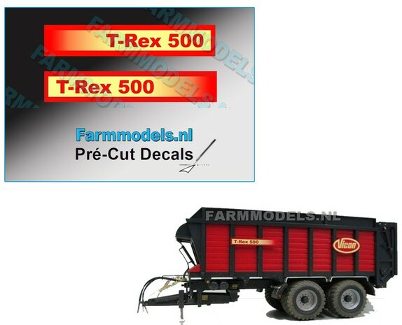 T-Rex 500 Logo 2x GEEL/ ROOD 8 mm hoog op transparante folie Pr&eacute;-Cut Decals 1:32 Farmmodels.nl