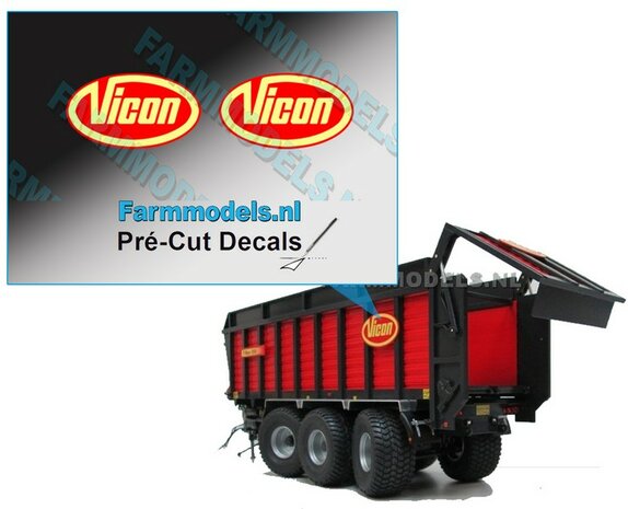 Vicon Logo 2x GEEL/ ROOD 20 mm hoog op transparante folie Pr&eacute;-Cut Decals 1:32 Farmmodels.nl