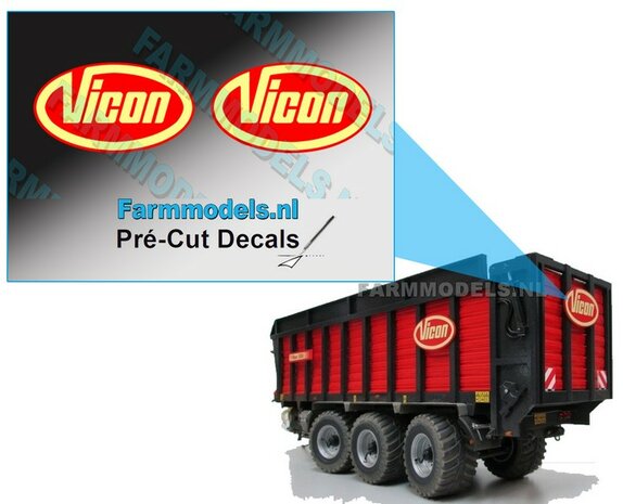 Vicon Logo 2x GEEL/ ROOD 24 mm hoog op transparante folie Pr&eacute;-Cut Decals 1:32 Farmmodels.nl