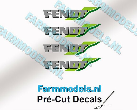 FENDT logo met groene strepen stickers op Transparant 4x 3mm hoog Pr&eacute;-Cut Decals 1:32 Farmmodels.nl 