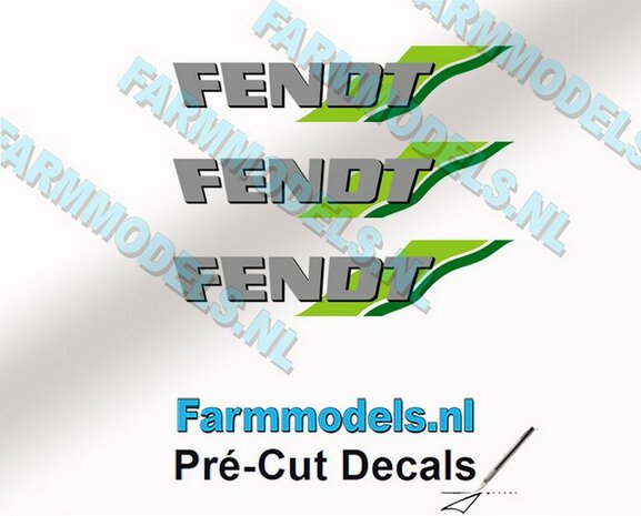 FENDT logo met groene strepen stickers op Transparant 3x 6mm hoog Pr&eacute;-Cut Decals 1:32 Farmmodels.nl 