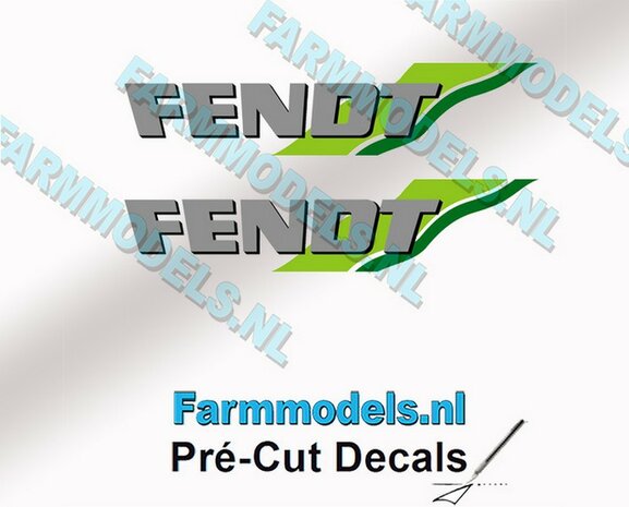 FENDT logo met groene strepen stickers op Transparant 2x 8mm hoog Pr&eacute;-Cut Decals 1:32 Farmmodels.nl 
