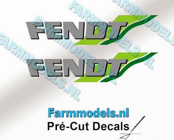FENDT logo met groene strepen stickers op Transparant 2x 10mm hoog Pr&eacute;-Cut Decals 1:32 Farmmodels.nl 