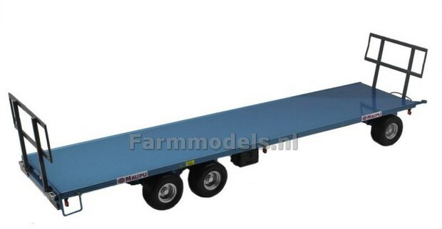 Blauwe platte wagen - Maupu 1180/200 met ronde balen 6-wielige platte aanhanger balenwagen REP233 1:32         EXPECTED