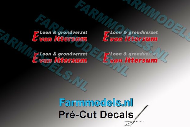 E van Ittersum 4 mm hoog stickerset 4x Rood/ zilvergrijs op transparante folie Pr&eacute;-Cut Decals 1:32 Farmmodels.nl