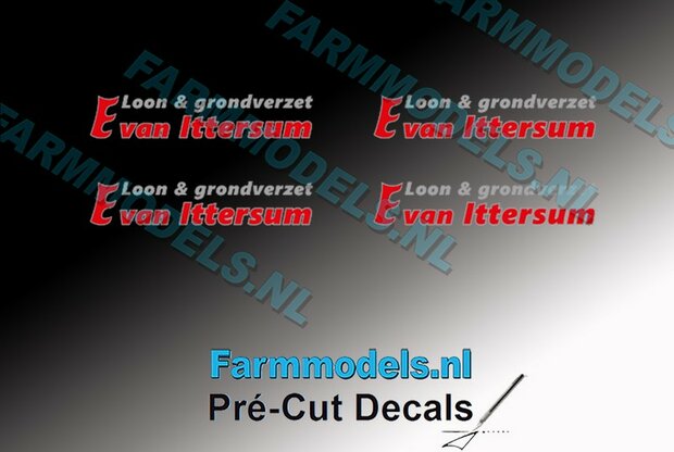 E van Ittersum 4 mm hoog stickerset 4x Rood/ zilvergrijs op transparante folie Pr&eacute;-Cut Decals 1:32 Farmmodels.nl