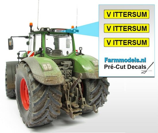 V ITTERSUM  3x GELE Kentekenplaatsticker ZWARTE LETTERS Pr&eacute;-Cut Decals 1:32 Farmmodels.nl