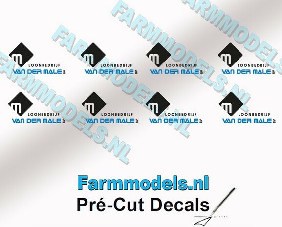 VAN DER MALE BV stickerset  4 mm breed BLAUW/ ZWART 8x op transparante folie Pr&eacute;-Cut Decals 1:32 Farmmodels.nl