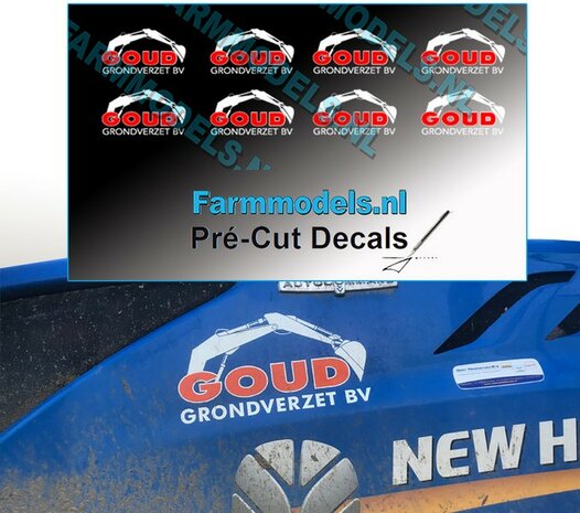 GOUD GRONDVERZET LOGO set 5.5mm hoog 8x WIT/ ROOD op transparante folie Pr&eacute;-Cut Decals 1:32 Farmmodels.nl