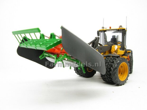 2x Dubbellucht Shovel banden &Oslash; 47 mm + Alu. velgen VOLVO GEEL gespoten, passend in de Aluminium Farmmodels Volvo L60H serie  1:32            