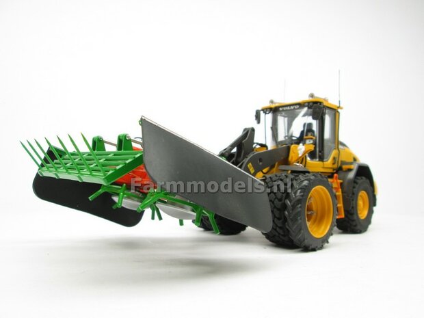 2x Dubbellucht Shovel banden &Oslash; 47 mm + Alu. velgen VOLVO GEEL gespoten, passend in de Aluminium Farmmodels Volvo L60H serie  1:32            