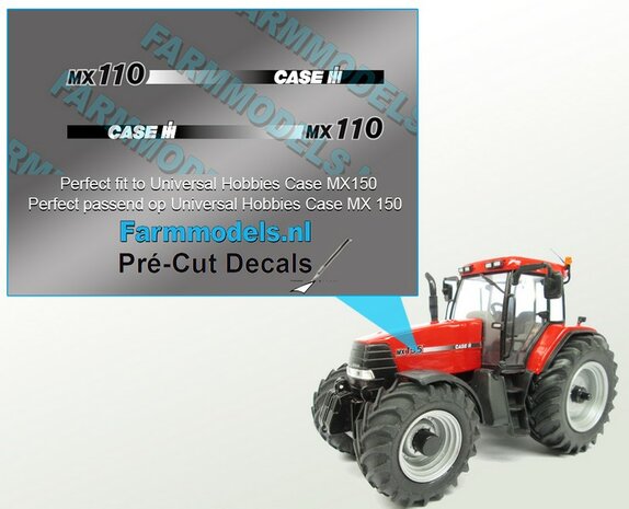 CASE IH MX110 type stickers (o.a. Case MX150 UH motorkap rechte uitvoering) Pr&eacute;-Cut Decals 1:32 Farmmodels.nl 