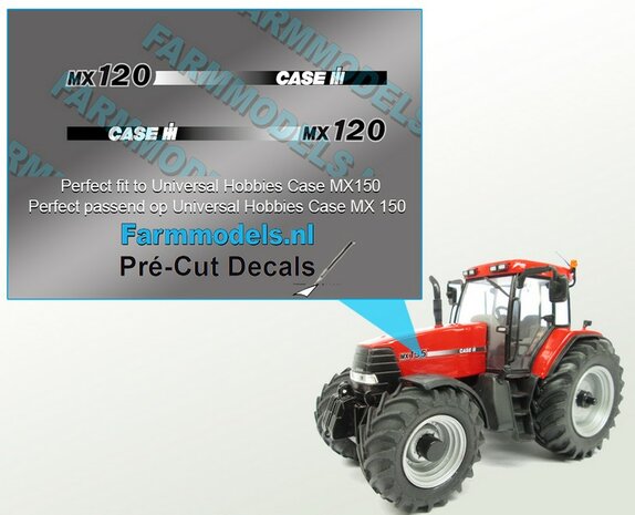 CASE IH MX120 type stickers (o.a. Case MX150 UH motorkap rechte uitvoering) Pr&eacute;-Cut Decals 1:32 Farmmodels.nl 