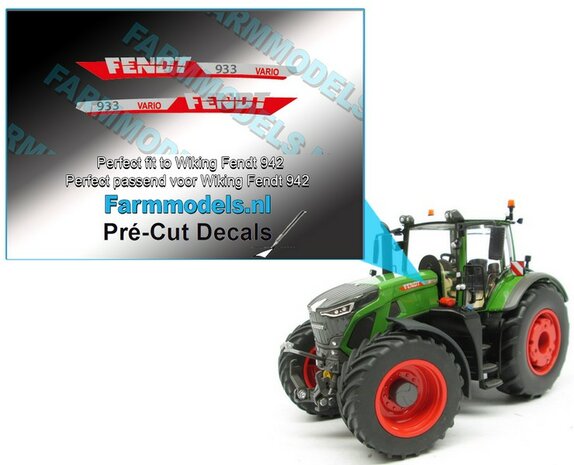 FENDT 933 VARIO Gen. VI type + Vario logo stickers voor Wiking 942 model Pr&eacute;-Cut Decals Type logo Pr&eacute;-Cut Decals gemaakt op zilverfolie!! 1:32 Farmmodels.nl 