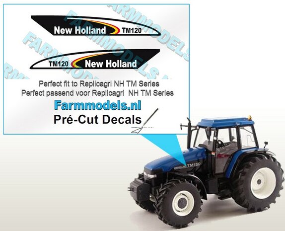 New Holland TM120 type stickers voor o.a. NH TM150 Replicagri motorkap Pr&eacute;-Cut Decals 1:32 Farmmodels.nl 