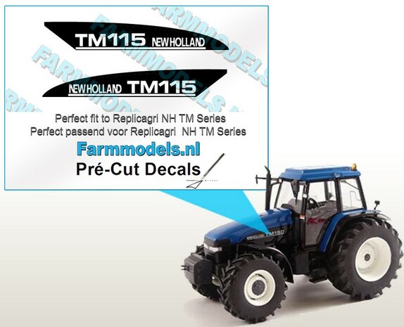 New Holland TM115 type stickers voor o.a. NH TM150 Replicagri motorkap Pr&eacute;-Cut Decals 1:32 Farmmodels.nl 