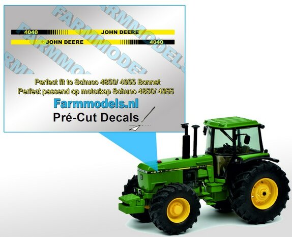John Deere 4040 type stickers/ Pr&eacute;-Cut Decals voor Schuco JD 4850/ 4955 motorkap 1:32 Farmmodels.nl 