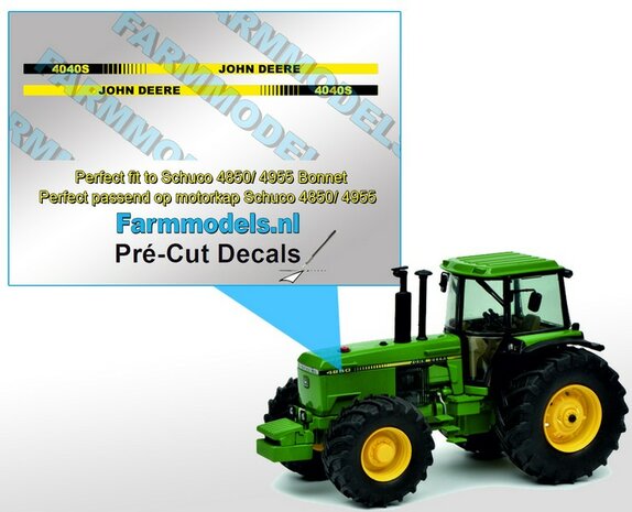 John Deere 4040 S type stickers/ Pr&eacute;-Cut Decals voor Schuco JD 4850/ 4955 motorkap 1:32 Farmmodels.nl 