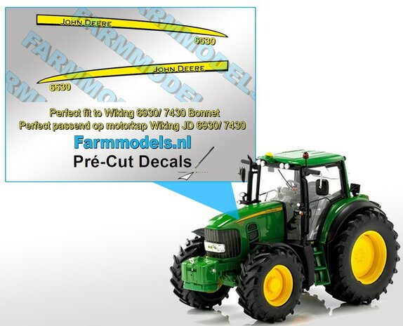 John Deere 6530 type stickers, geschikt voor de John Deere 6930/ 7430 Wiking/ Pr&eacute;-Cut Decals 1:32 Farmmodels.nl 