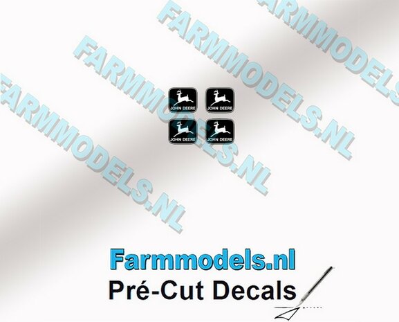 John Deere LOGO (Old) ZWART/ WIT 4x 1.8mm hoog stickers met omlaag springend &quot;Hertje&quot; Pr&eacute;-Cut Decals 1:32 Farmmodels.nl 