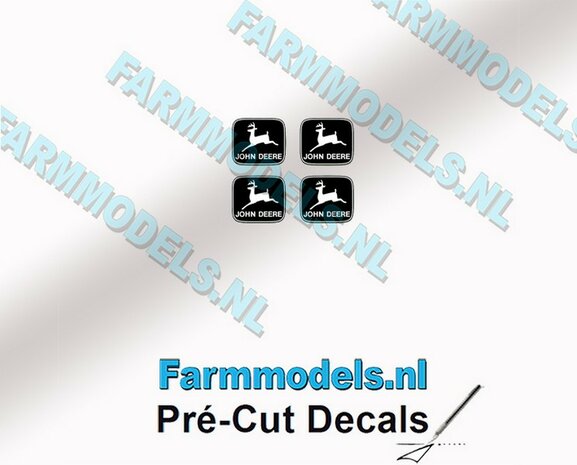 John Deere LOGO (Old) ZWART/ WIT 4x 2.1mm hoog stickers met omlaag springend &quot;Hertje&quot; Pr&eacute;-Cut Decals 1:32 Farmmodels.nl 