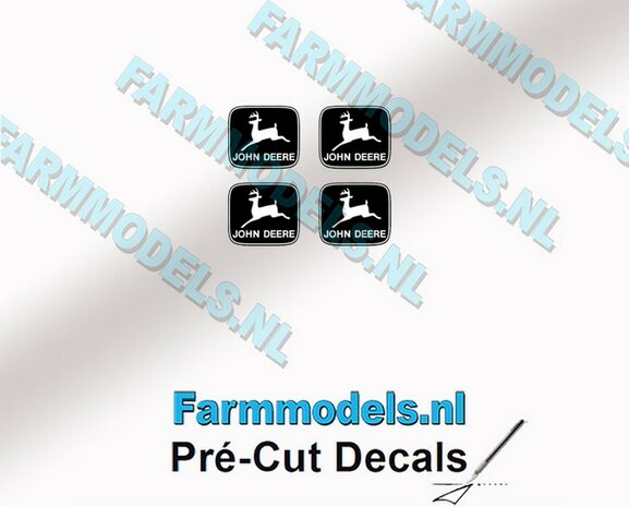 John Deere LOGO (Old) ZWART/ WIT 4x 2.6mm hoog stickers met omlaag springend &quot;Hertje&quot; Pr&eacute;-Cut Decals 1:32 Farmmodels.nl 