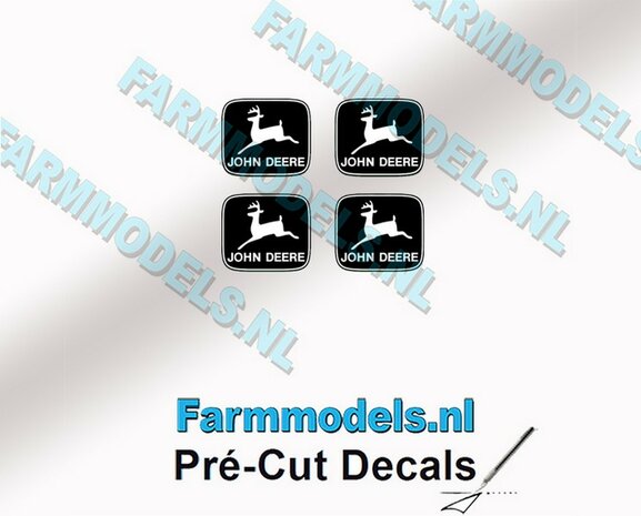 John Deere LOGO (Old) ZWART/ WIT 4x 3mm hoog stickers met omlaag springend &quot;Hertje&quot; Pr&eacute;-Cut Decals 1:32 Farmmodels.nl 