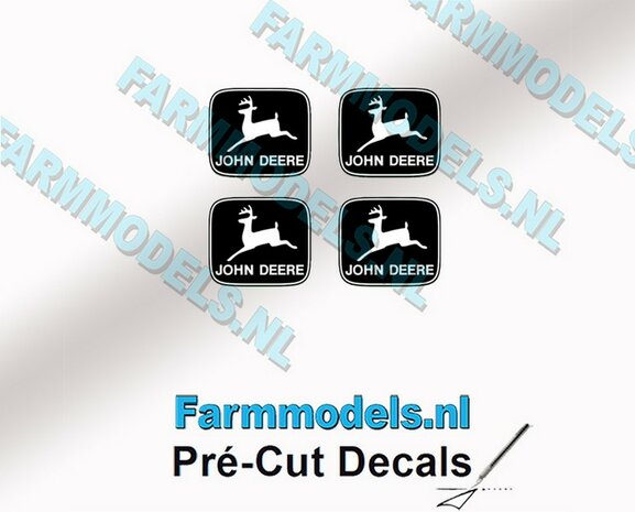 John Deere LOGO (Old) ZWART/ WIT 4x 4mm hoog stickers met omlaag springend &quot;Hertje&quot; Pr&eacute;-Cut Decals 1:32 Farmmodels.nl 