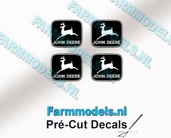 John Deere LOGO (Old) ZWART/ WIT 4x 5mm hoog stickers met omlaag springend &quot;Hertje&quot; Pr&eacute;-Cut Decals 1:32 Farmmodels.nl 