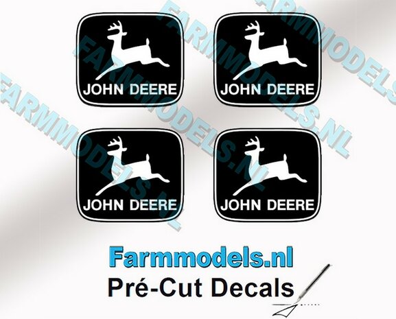 John Deere LOGO (Old) ZWART/ WIT 4x 6mm hoog stickers met omlaag springend &quot;Hertje&quot; Pr&eacute;-Cut Decals 1:32 Farmmodels.nl 