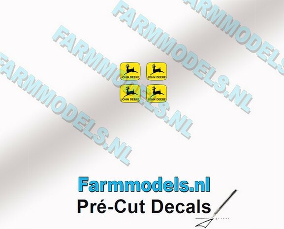 John Deere LOGO (Old) GEEL/ ZWART 4x 1.8mm hoog stickers met omlaag springend &quot;Hertje&quot; Pr&eacute;-Cut Decals 1:32 Farmmodels.nl 