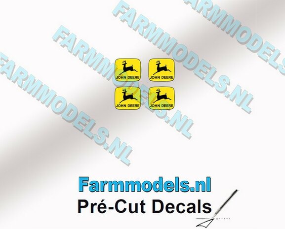 John Deere LOGO (Old) GEEL/ ZWART 4x 2.1mm hoog stickers met omlaag springend &quot;Hertje&quot; Pr&eacute;-Cut Decals 1:32 Farmmodels.nl 