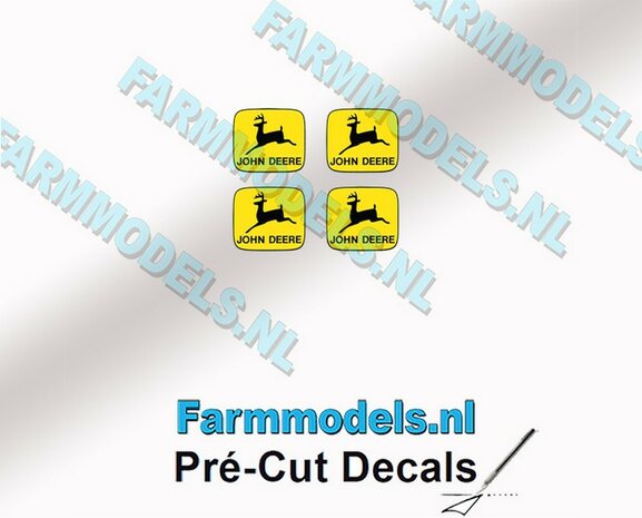 John Deere LOGO (Old) GEEL/ ZWART 4x 2.6mm hoog stickers met omlaag springend &quot;Hertje&quot; Pr&eacute;-Cut Decals 1:32 Farmmodels.nl 