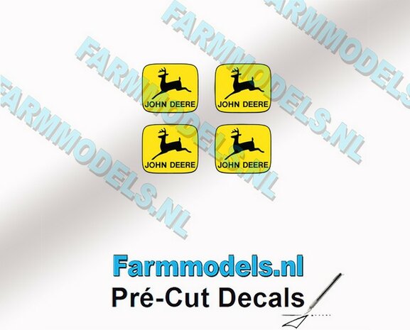 John Deere LOGO (Old) GEEL/ ZWART 4x 3mm hoog stickers met omlaag springend &quot;Hertje&quot; Pr&eacute;-Cut Decals 1:32 Farmmodels.nl 