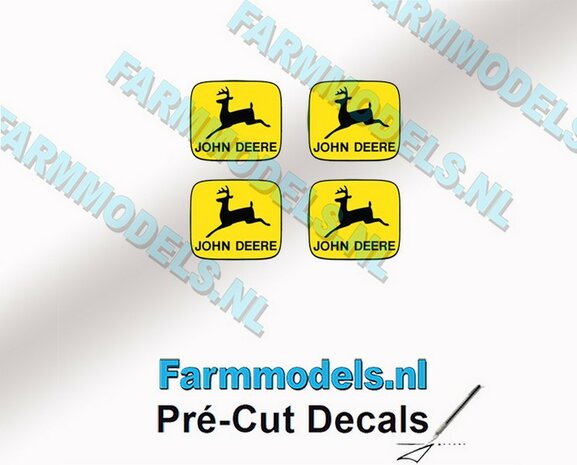 John Deere LOGO (Old) GEEL/ ZWART 4x 4mm hoog stickers met omlaag springend &quot;Hertje&quot; Pr&eacute;-Cut Decals 1:32 Farmmodels.nl 