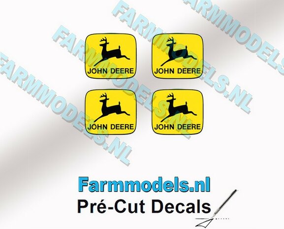 John Deere LOGO (Old) GEEL/ ZWART 4x 5mm hoog stickers met omlaag springend &quot;Hertje&quot; Pr&eacute;-Cut Decals 1:32 Farmmodels.nl 