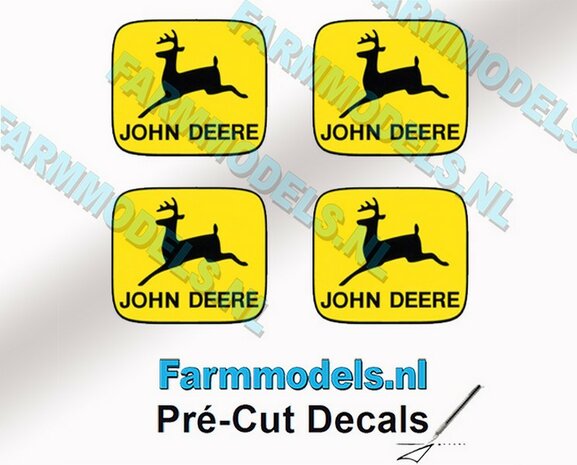 John Deere LOGO (Old) GEEL/ ZWART 4x 6mm hoog stickers met omlaag springend &quot;Hertje&quot; Pr&eacute;-Cut Decals 1:32 Farmmodels.nl 