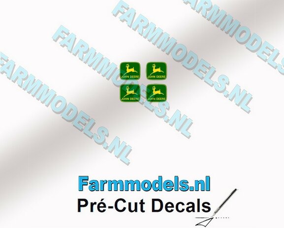 John Deere LOGO (Old) GROEN/ GEEL 4x 1.8mm hoog stickers met omlaag springend &quot;Hertje&quot; Pr&eacute;-Cut Decals 1:32 Farmmodels.nl 