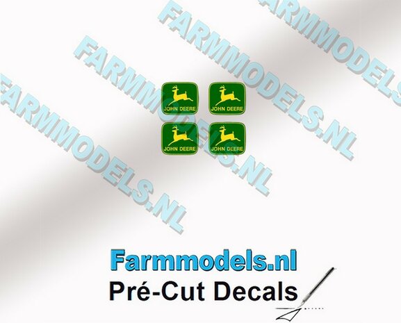 John Deere LOGO (Old) GROEN/ GEEL 4x 2.1mm hoog stickers met omlaag springend &quot;Hertje&quot; Pr&eacute;-Cut Decals 1:32 Farmmodels.nl 
