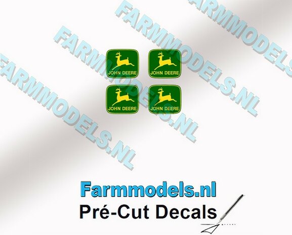 John Deere LOGO (Old) GROEN/ GEEL 4x 2.6mm hoog stickers met omlaag springend &quot;Hertje&quot; Pr&eacute;-Cut Decals 1:32 Farmmodels.nl 