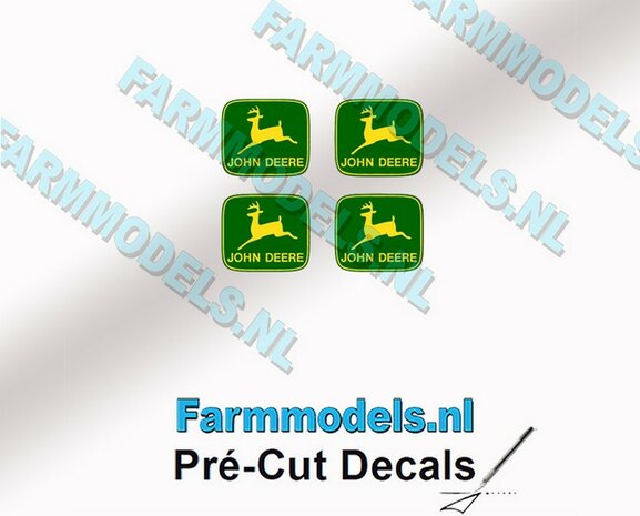 John Deere LOGO (Old) GROEN/ GEEL 4x 3mm hoog stickers met omlaag springend &quot;Hertje&quot; Pr&eacute;-Cut Decals 1:32 Farmmodels.nl 