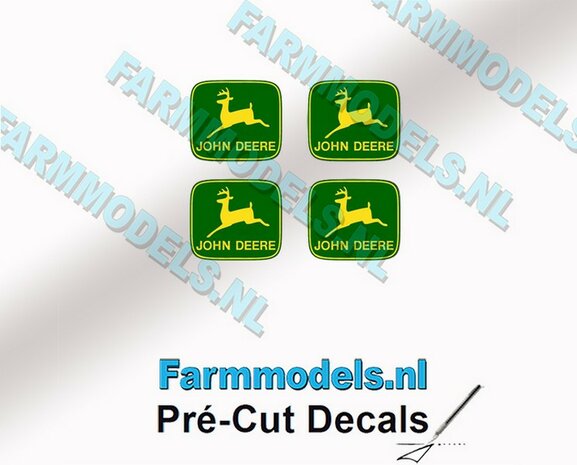 John Deere LOGO (Old) GROEN/ GEEL 4x 4mm hoog stickers met omlaag springend &quot;Hertje&quot; Pr&eacute;-Cut Decals 1:32 Farmmodels.nl 